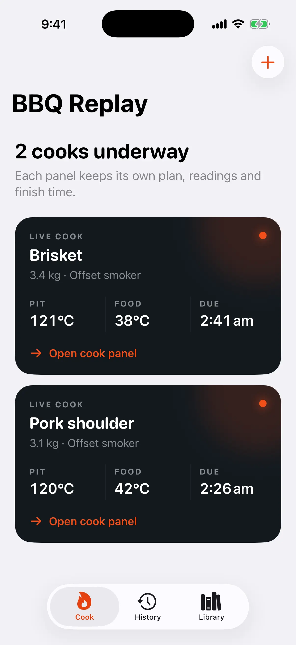 BBQ Replay dashboard tracking brisket and pork shoulder separately.