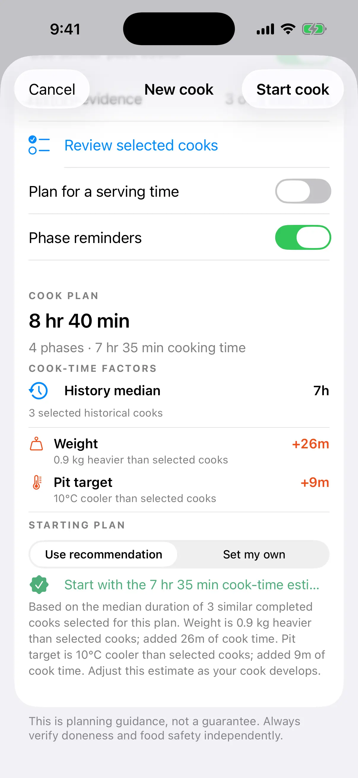 BBQ Replay cook plan with an explainable estimate and selected history.